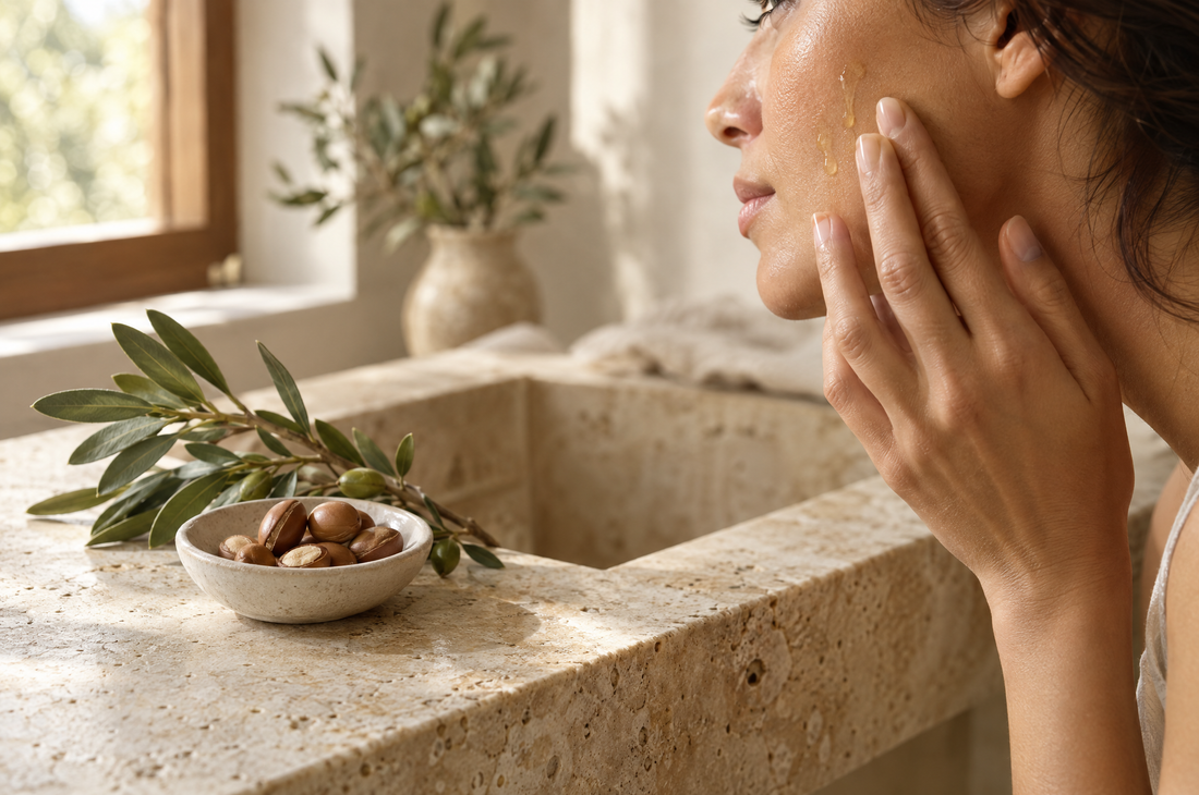 Hand pressing a few drops of argan oil into the cheek as part of a daily morning routine