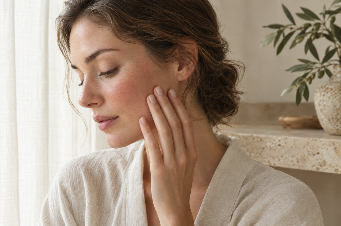 Woman with naturally rosy cheeks gently pressing a few drops of argan oil into her skin in soft light