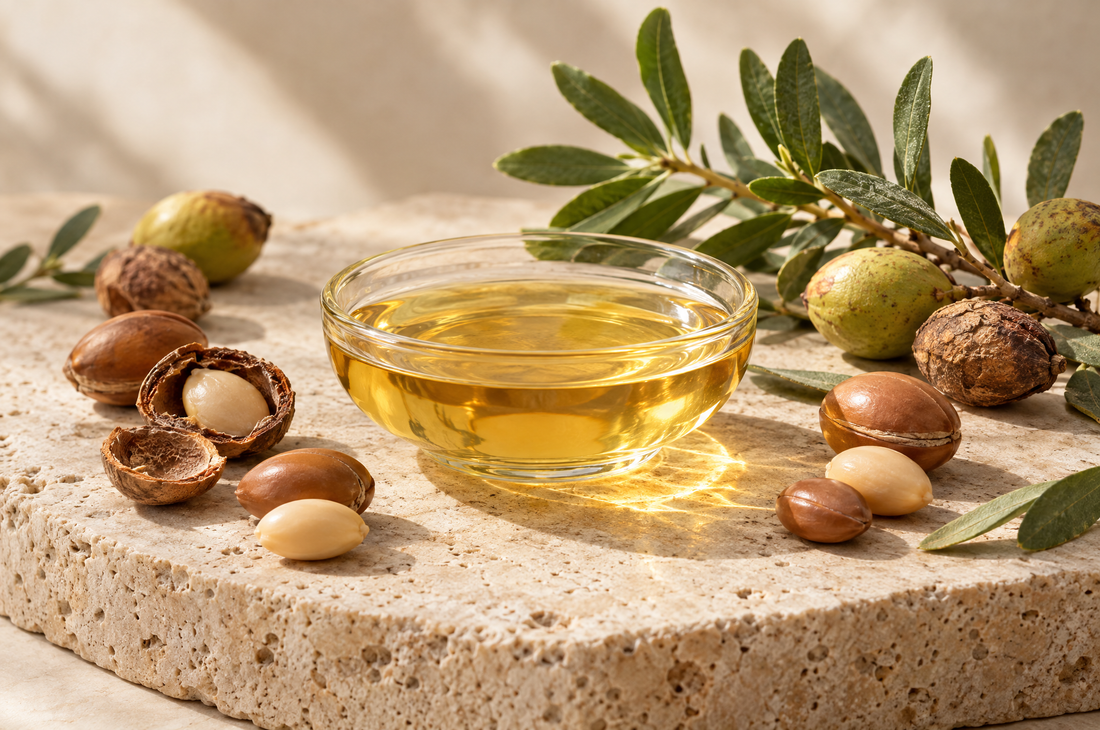 Golden argan oil in a glass dish surrounded by argan kernels and fruit, illustrating argan oil composition