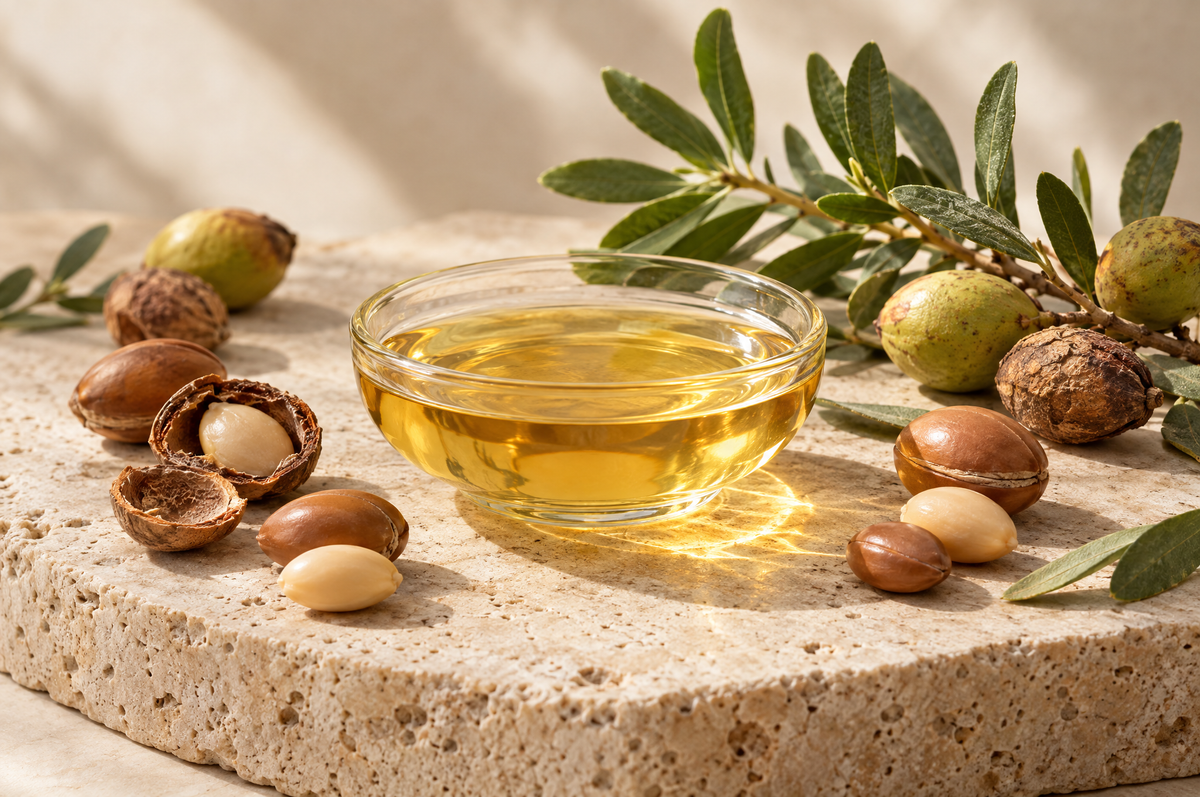 Golden argan oil in a glass dish surrounded by argan kernels and fruit, illustrating argan oil composition