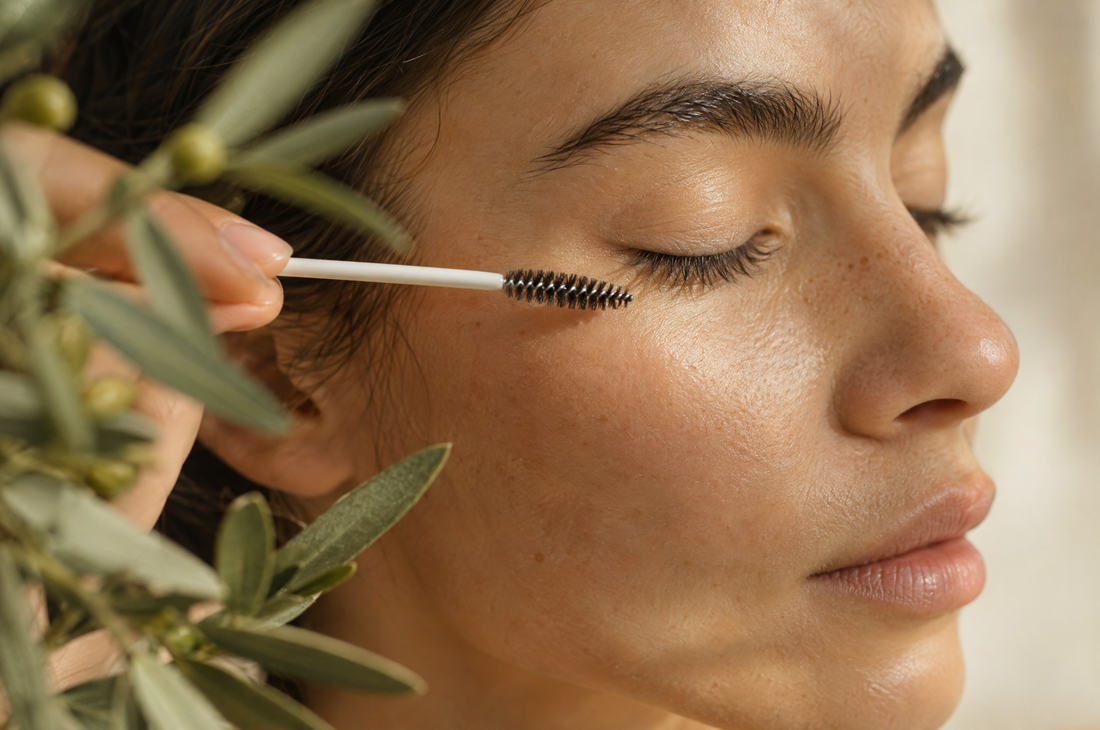 Close-up of natural eyelashes with a clean spoolie wand, illustrating argan oil for eyelashes