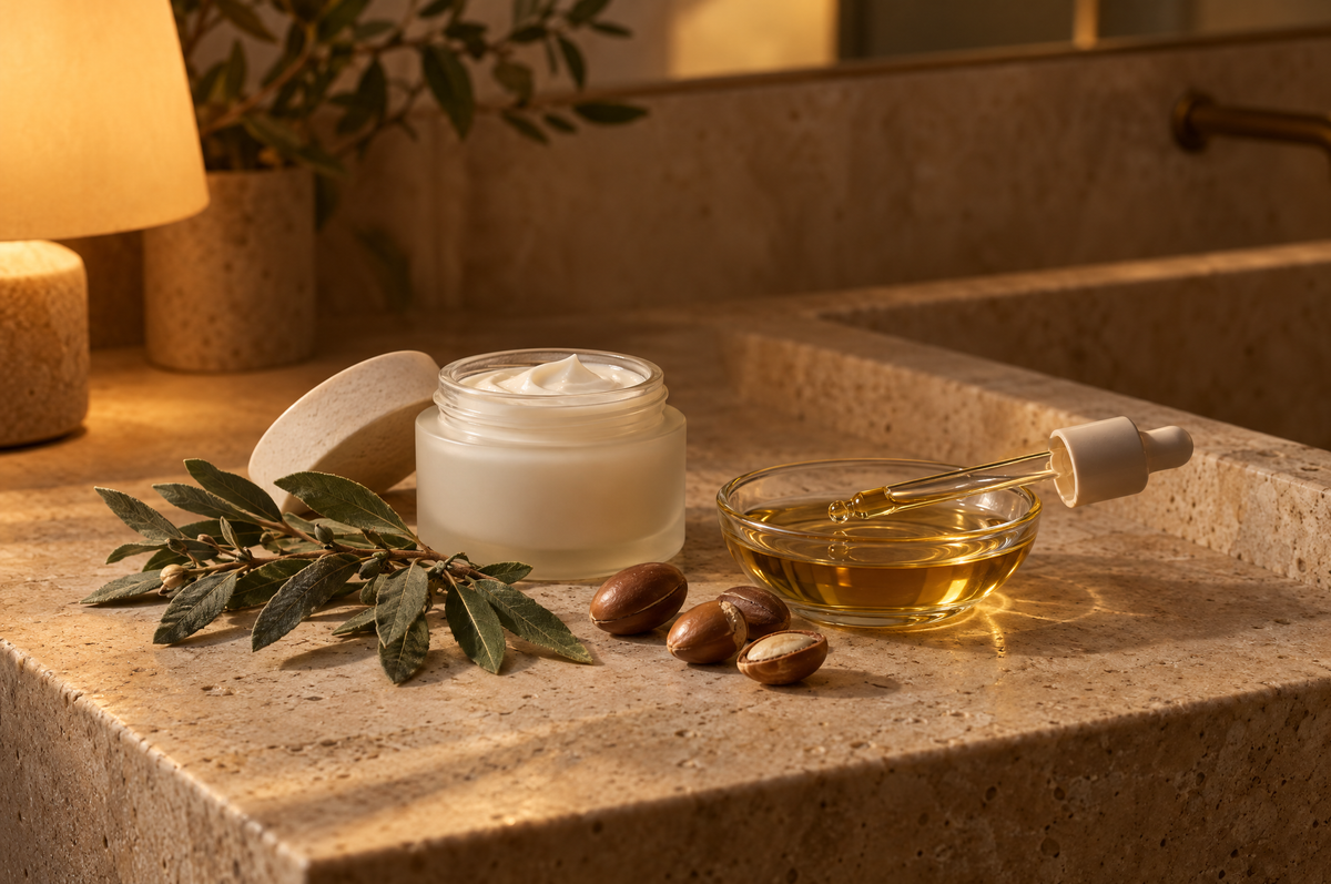 Night cream and a dish of argan oil on an evening vanity, for layering argan oil with retinol