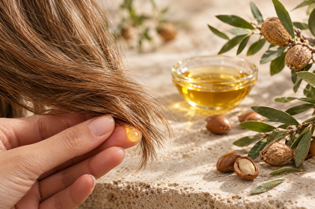 Fingertips smoothing a drop of oil onto hair ends, showing how to use argan oil for split ends