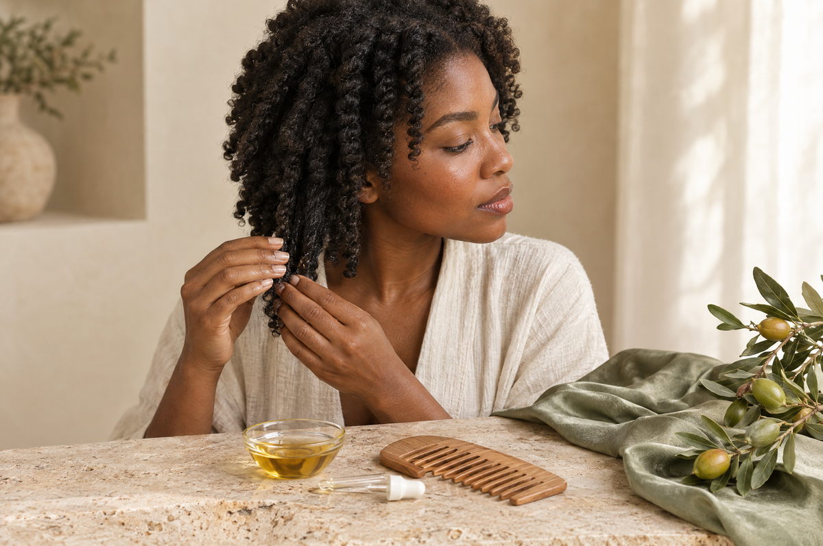 Woman with natural 4C hair smoothing argan oil onto the ends of a twist, with a glass dish of oil nearby