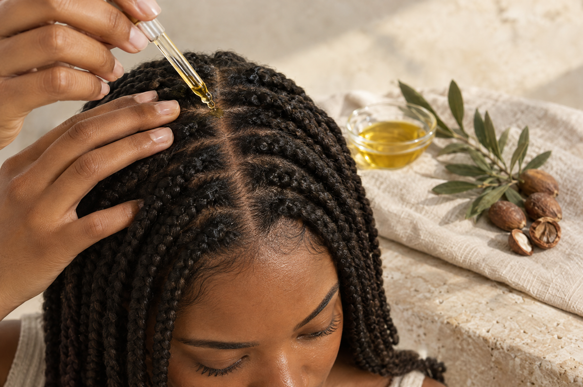Fingertips applying a drop of argan oil to the scalp along the part of box braids