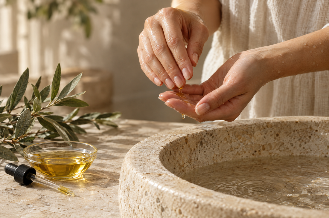 Damp hands warming drops of argan oil over a travertine basin, ready to press over hyaluronic acid serum
