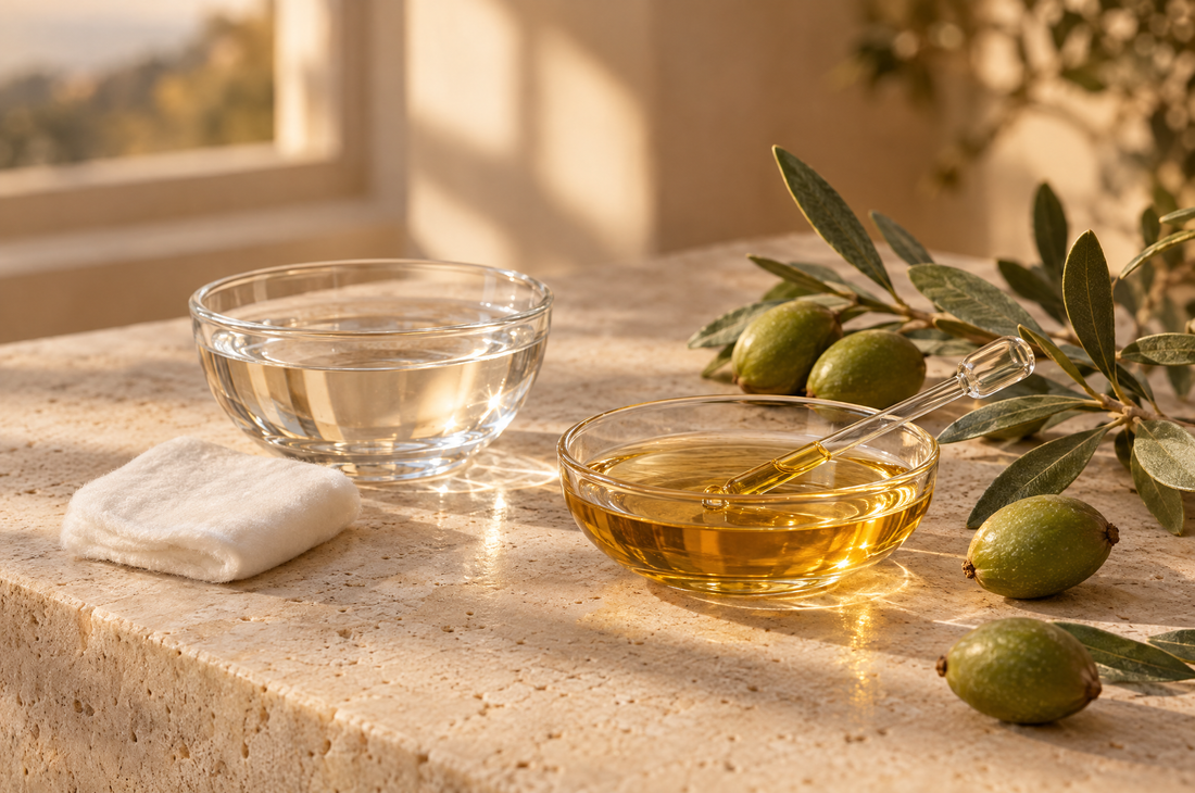 A cotton pad and clear exfoliating liquid beside a dish of argan oil and a dropper on a travertine counter