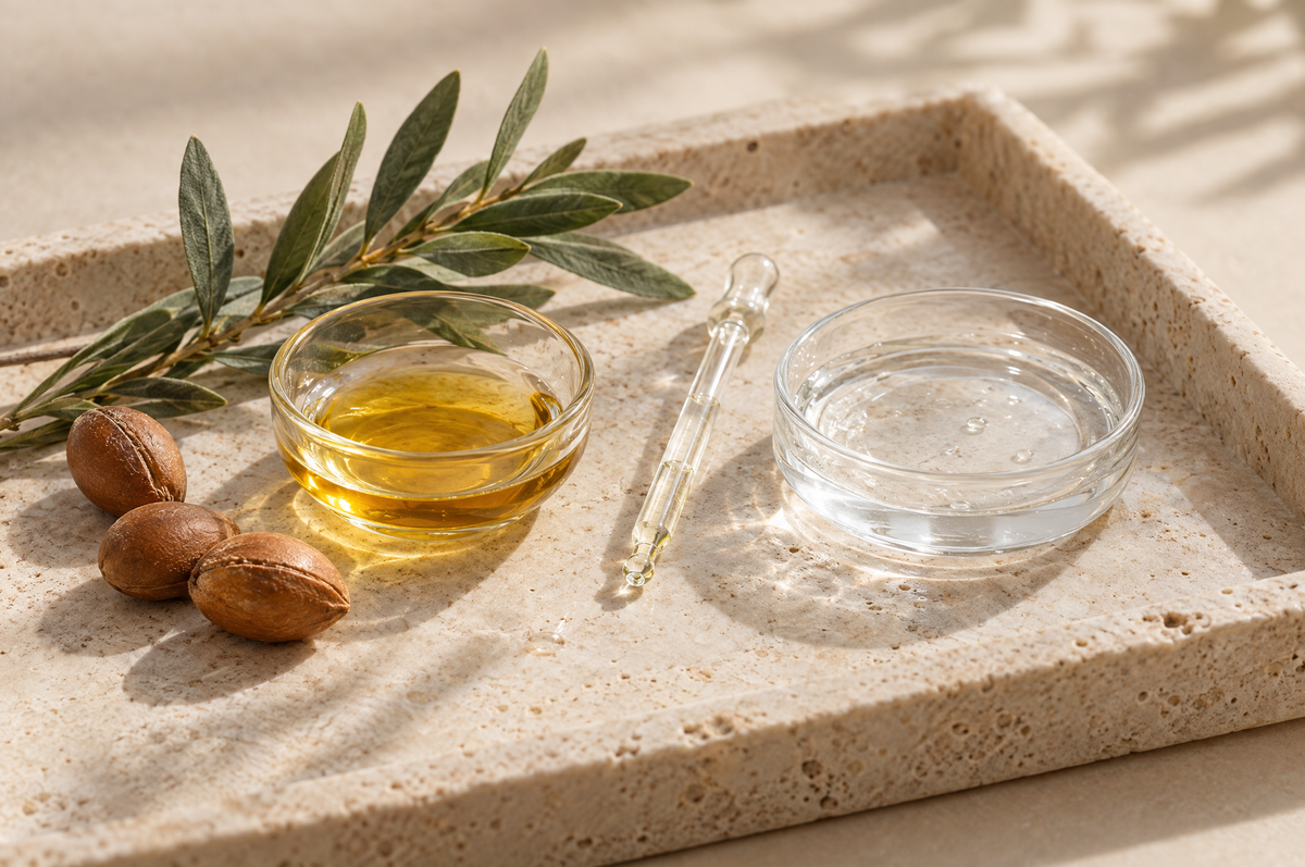 Two glass dishes, one with clear serum and one with argan oil, on a travertine tray with argan leaves