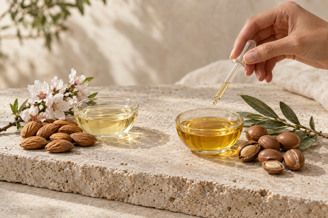 Argan oil vs almond oil in glass dishes with almonds, almond blossom and argan kernels