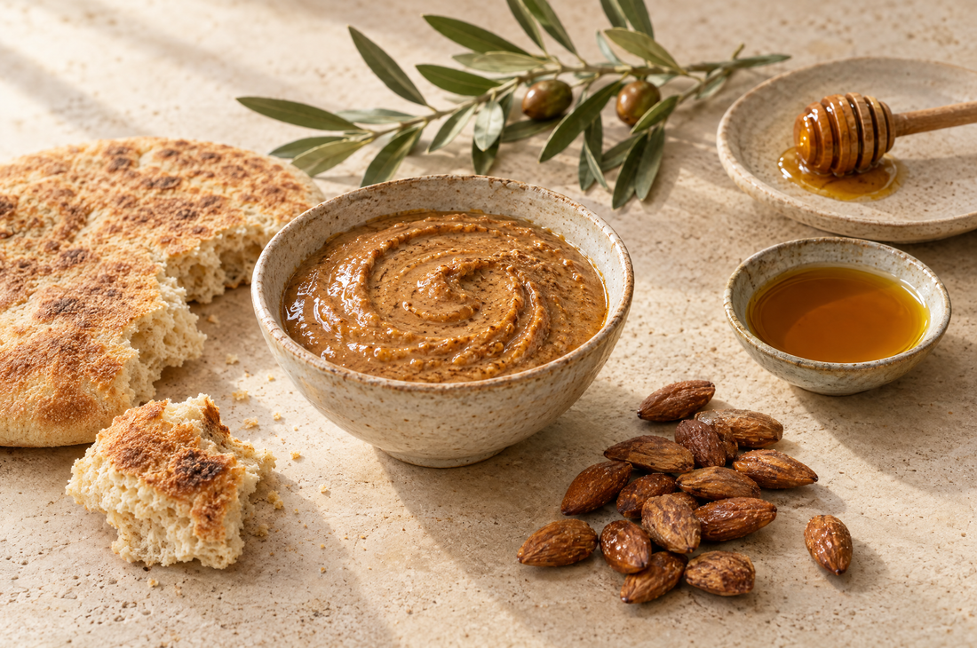 A bowl of amlou with warm flatbread, roasted almonds, amber argan oil and honey on a travertine table