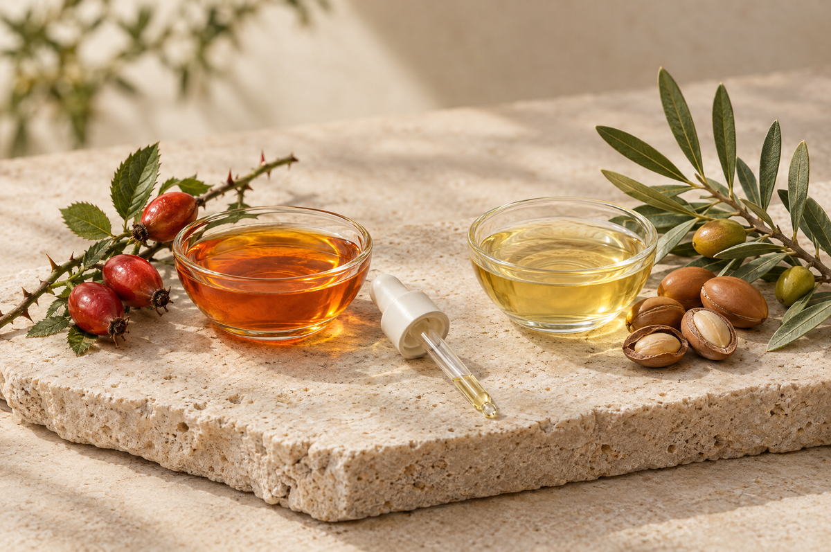 Argan oil vs rosehip oil in glass dishes with fresh rosehips and argan kernels on travertine