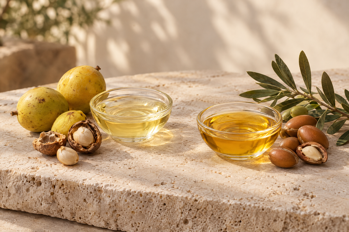 Argan oil vs marula oil in glass dishes with marula fruits, cracked marula stones and argan kernels