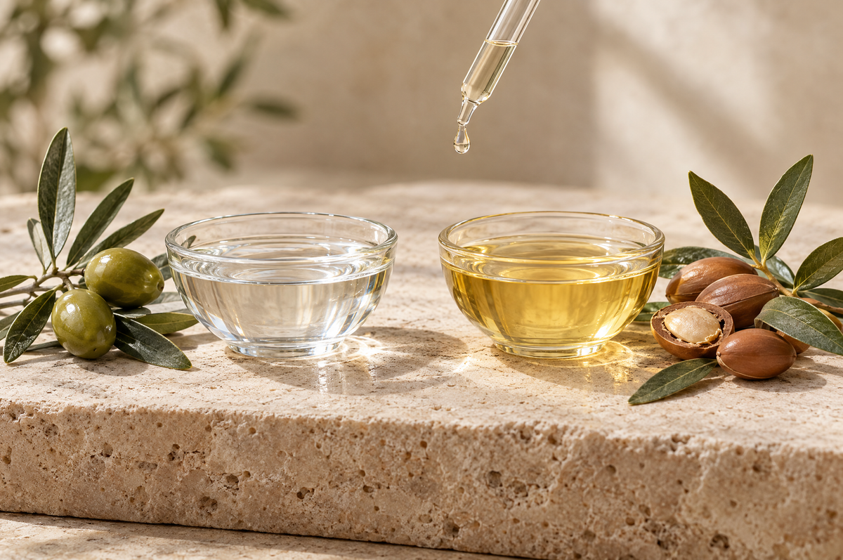Argan oil vs squalane: clear squalane and golden argan oil in glass dishes with olives and argan kernels