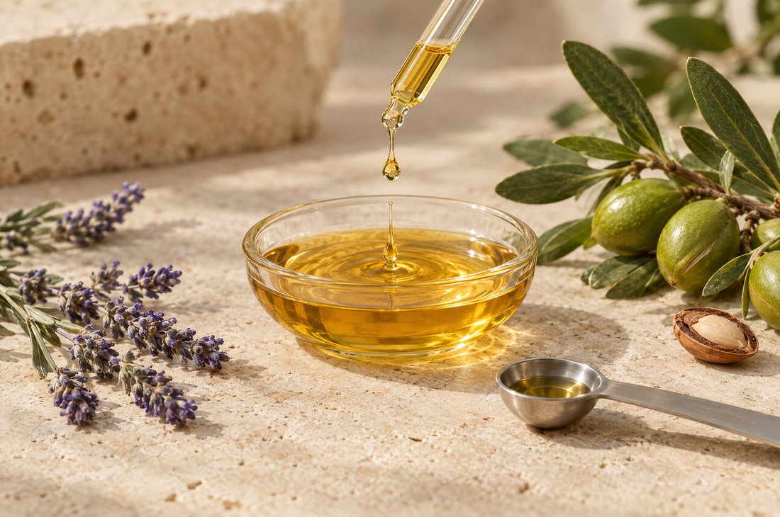 A drop of essential oil falling into a glass dish of argan oil beside lavender sprigs and an argan branch