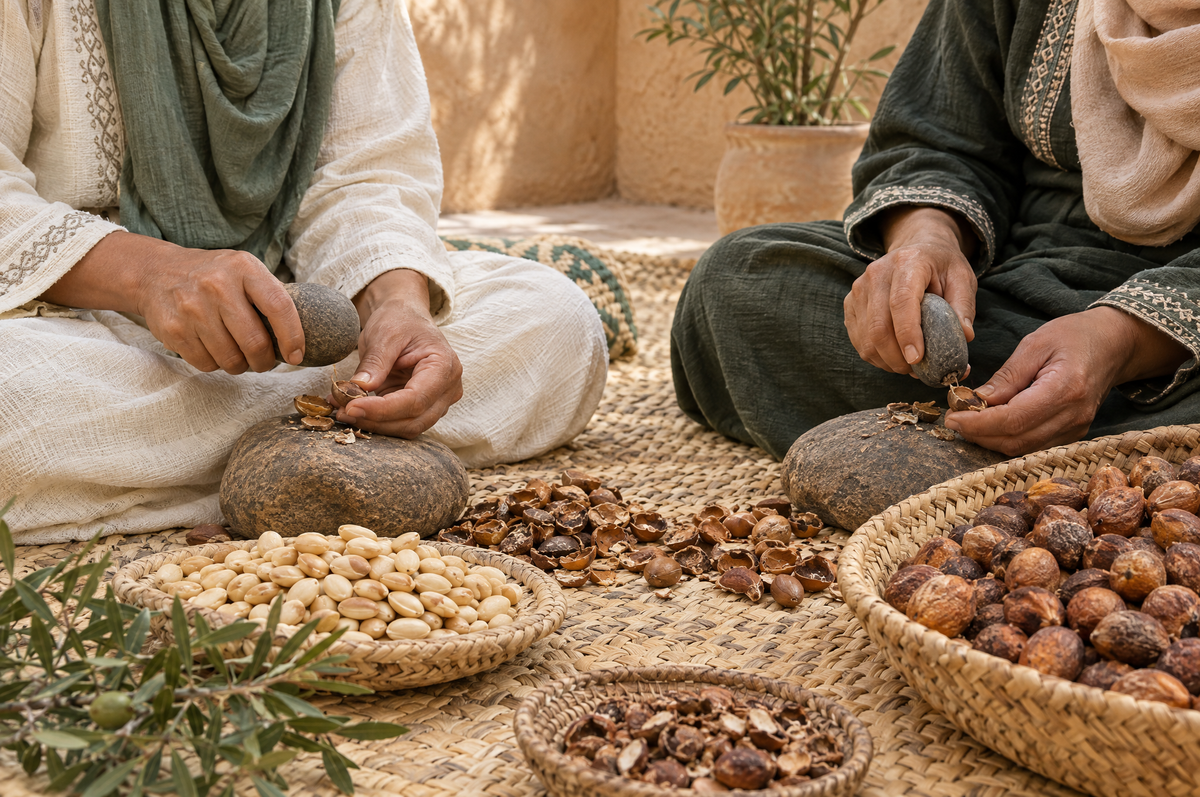 Hands of women in an argan oil cooperative cracking argan nuts between stones, with kernels and shells