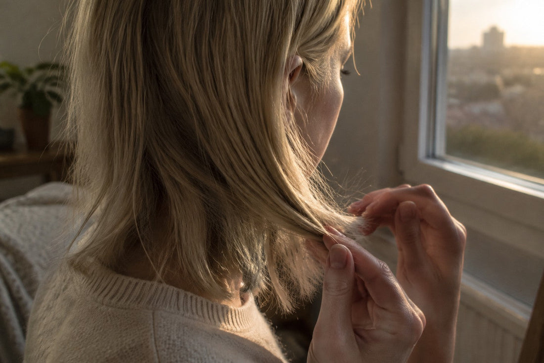 Fingertips smoothing a little oil over the ends of fine blonde hair