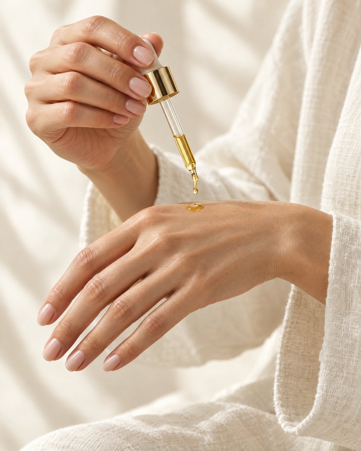 A drop of argan oil falling from a glass dropper onto the back of a hand