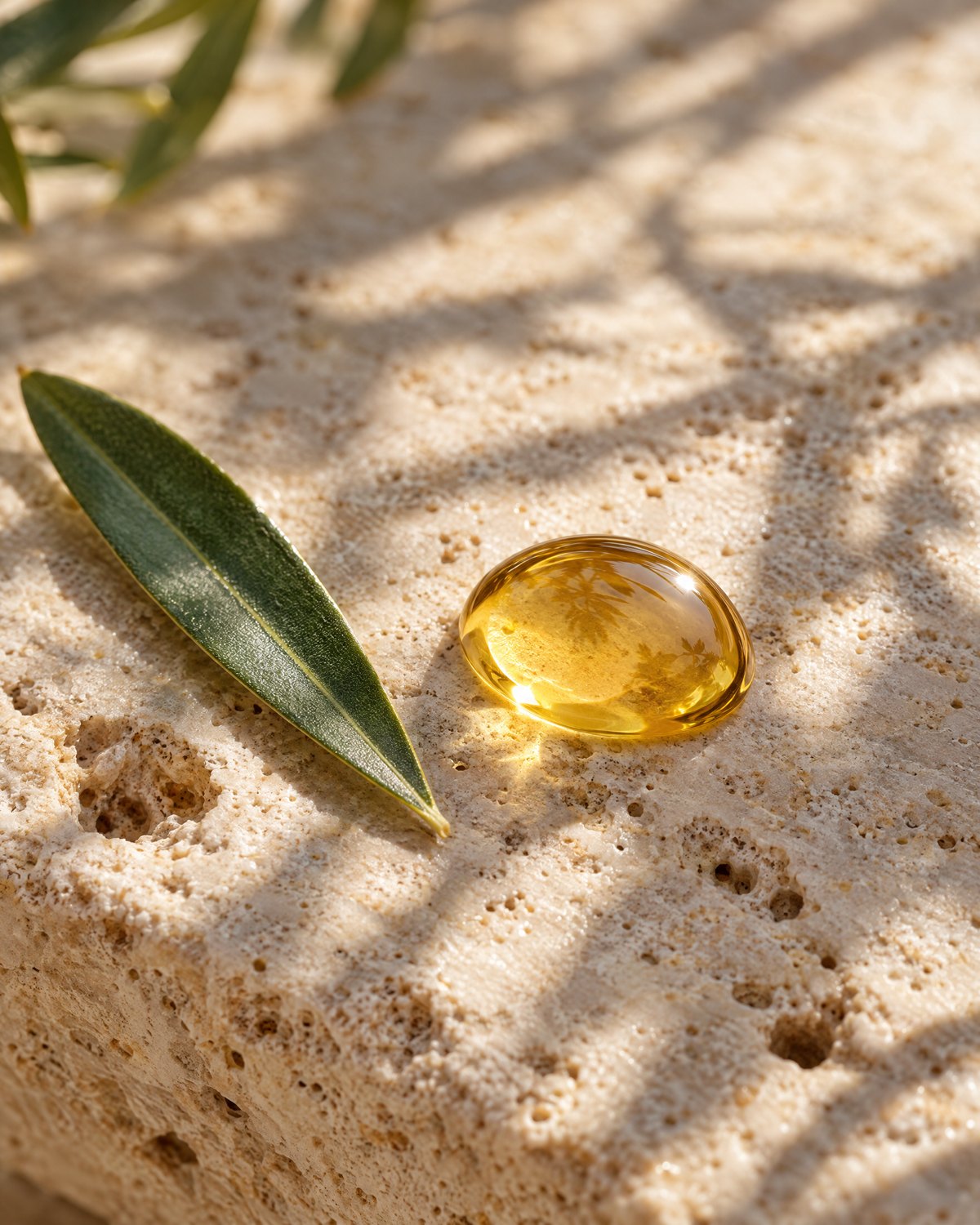 A single drop of argan oil on travertine stone beside an argan leaf