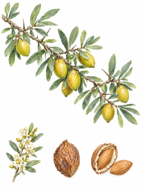 Watercolor botanical plate of the argan tree: fruiting branch, flowers, dried fruit and the cracked nut with kernels