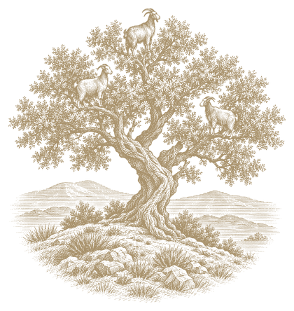 Engraving of an argan tree on a rocky hillside with goats standing in its branches
