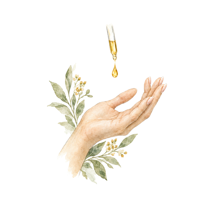 Watercolor of a hand receiving a drop of oil
