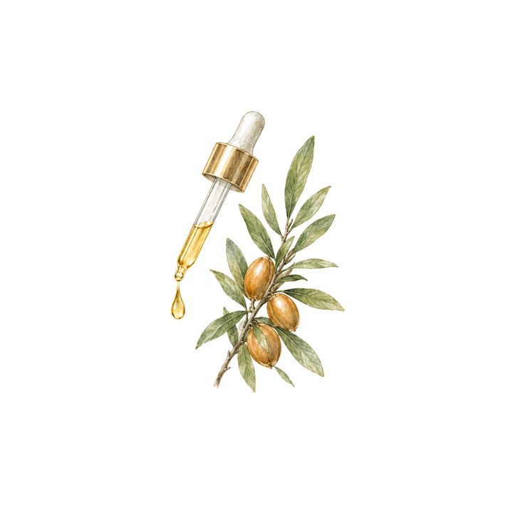 Watercolor of a glass dropper beside argan leaves
